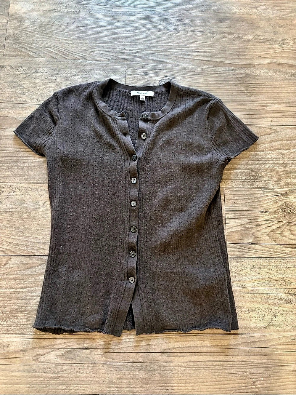 Madewell Cotton-Blend Pointelle Short-Sleeve Cardigan Brown Large